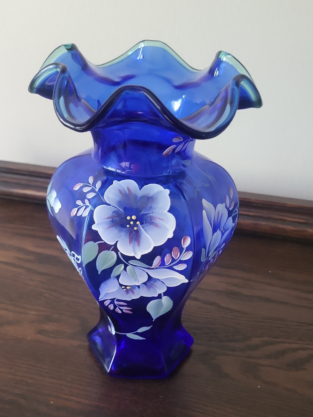 Fenton Cobalt Blue Hand-Painted Floral Ruffled Vintage Vase